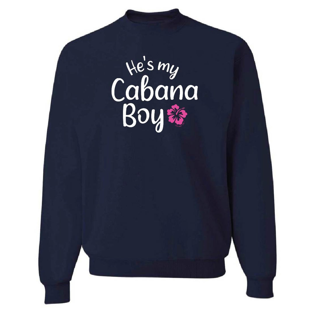 Navy blue sweatshirt with 'He's my Cabana Boy' text and flower design on a white background
