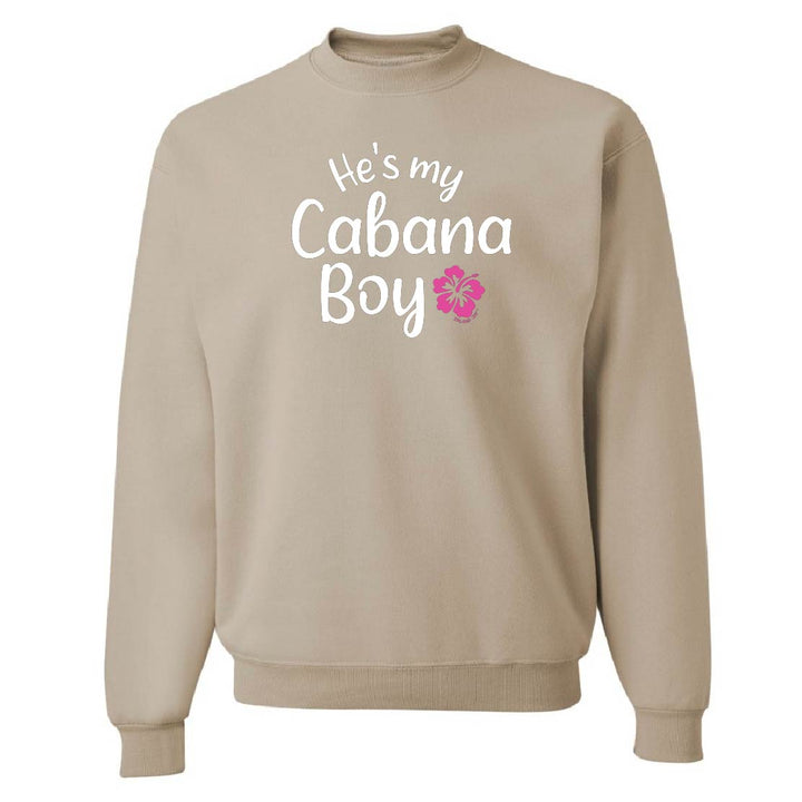 Beige sweatshirt with 'He's my Cabana Boy' text and pink flower on a white background