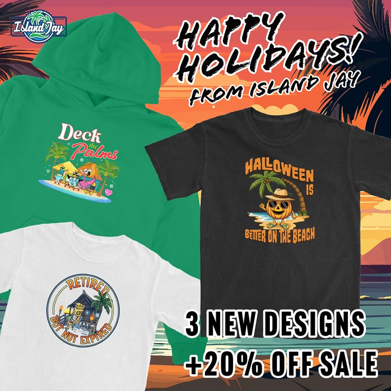 Three holiday-themed shirts with palm tree designs and promotional text on a colorful background.