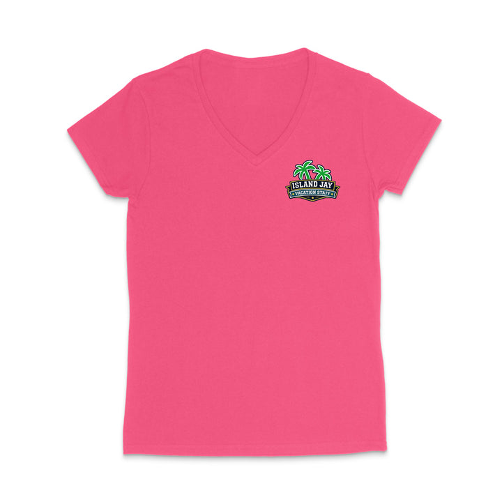 A neon pink women's short-sleeve V-neck t-shirt with a small colorful graphic on the left chest featuring palm trees and the text 'Island Jay Vacation Staff'.