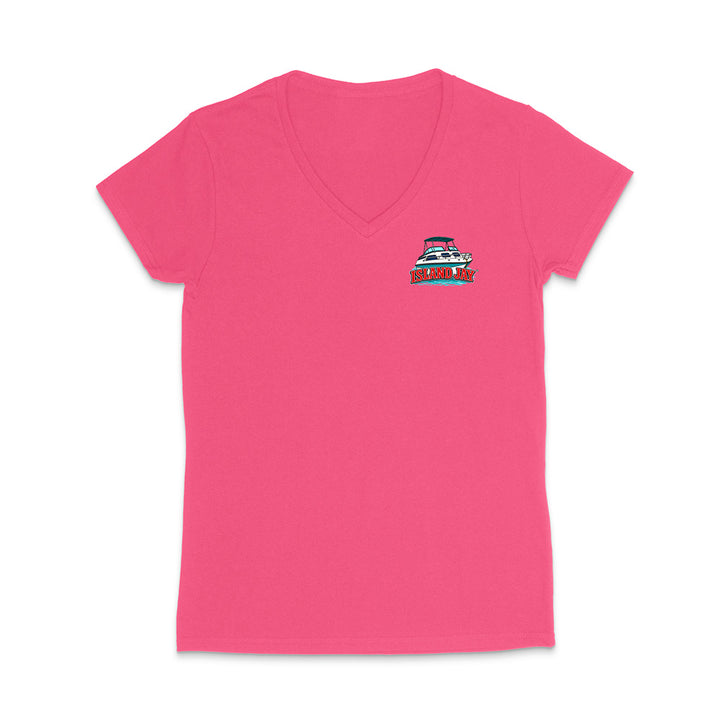 A bright pink women's V-neck short-sleeve t-shirt with a small boat graphic on the left chest, displayed on a clean white background.