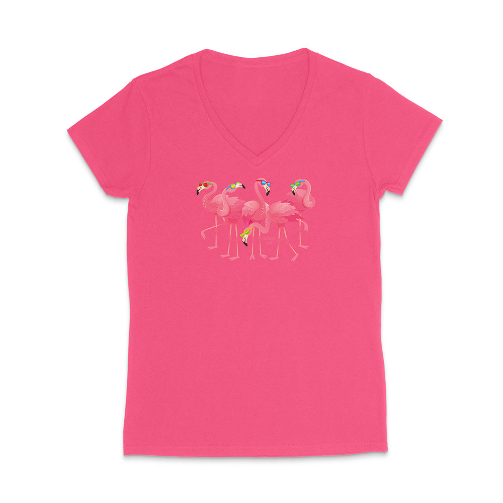 Pink t-shirt with flamingo design on a white background