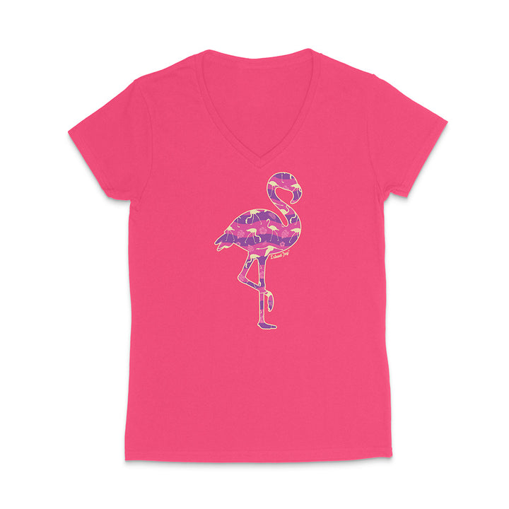 Hot Pink v-neck t-shirt with a colorful flamingo design on a white background
