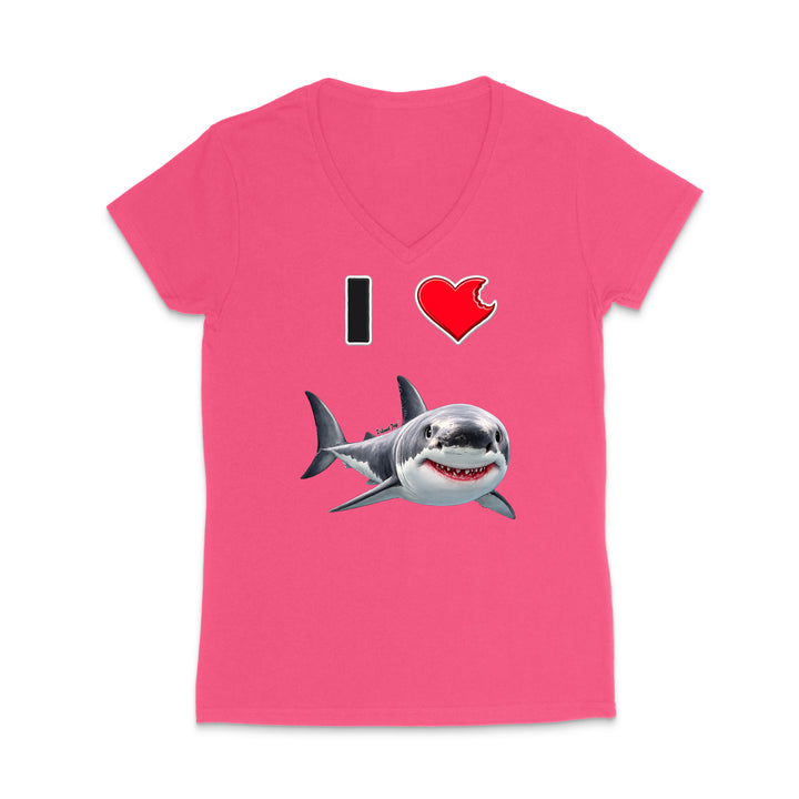 A bright pink women's V-neck t-shirt featuring a graphic print of a shark and the text 'I' and 'I' with a heart, displayed on a clean white background.
