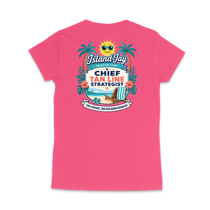 A bright pink short-sleeve t-shirt shown from the back, featuring a colorful graphic print with palm trees, a sun, a beach umbrella, and text that reads 'Island Jay' and 'Chief Tan Line Strategist'.