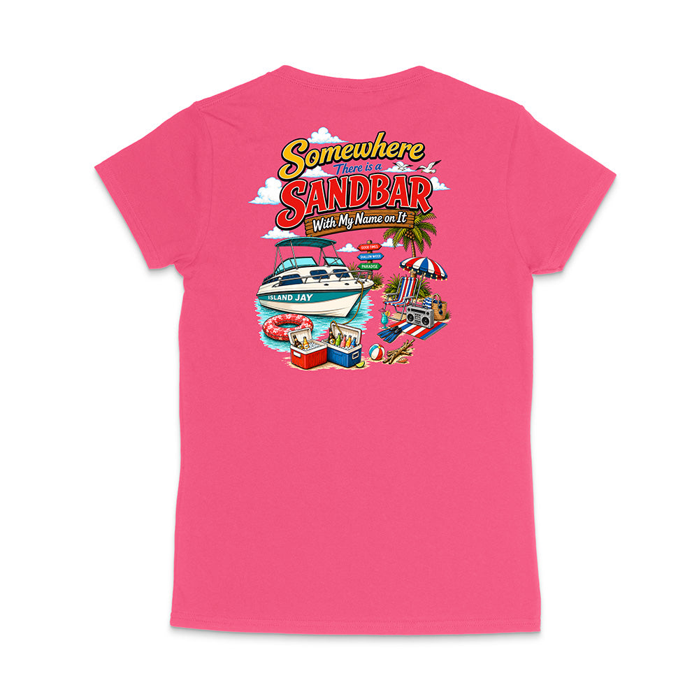 A bright pink short-sleeve t-shirt shown from the back, featuring a colorful graphic print with the text 'Somewhere I'll Always Be at the Sandbar' and a beach scene illustration.