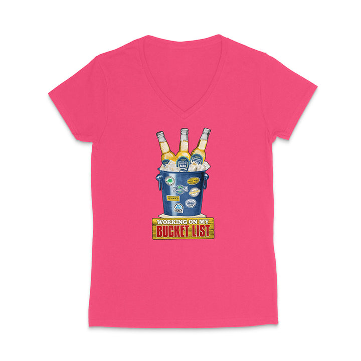 Hot pink t-shirt with a graphic of a beer bucket with graphic text reading 'Working on my Bucket List' on a white background.