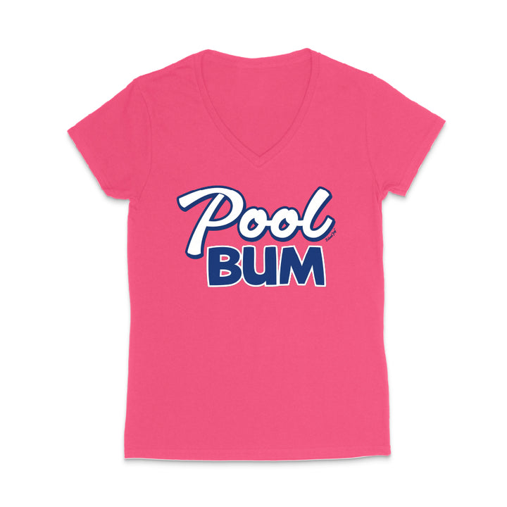 Pink t-shirt with 'Pool Bum' text on a white background