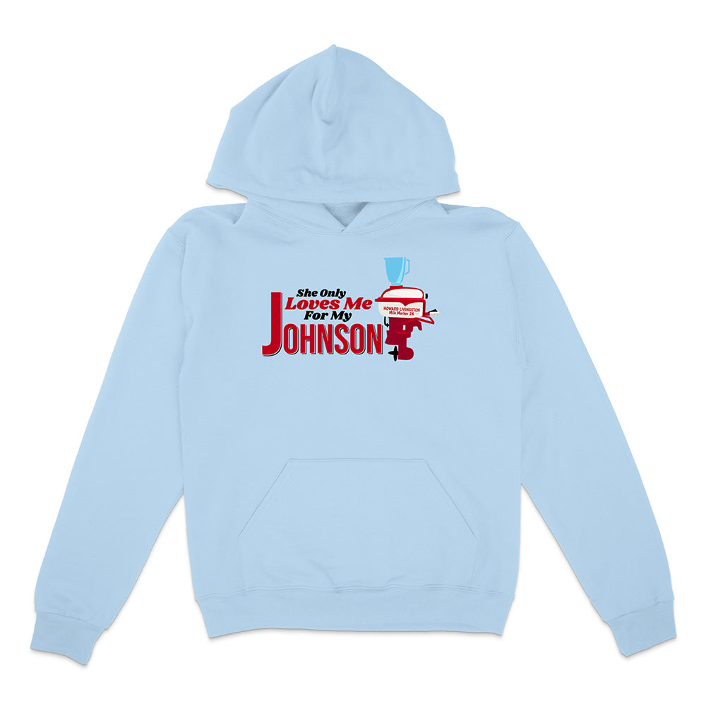 Light blue hoodie with a graphic and text on a white background