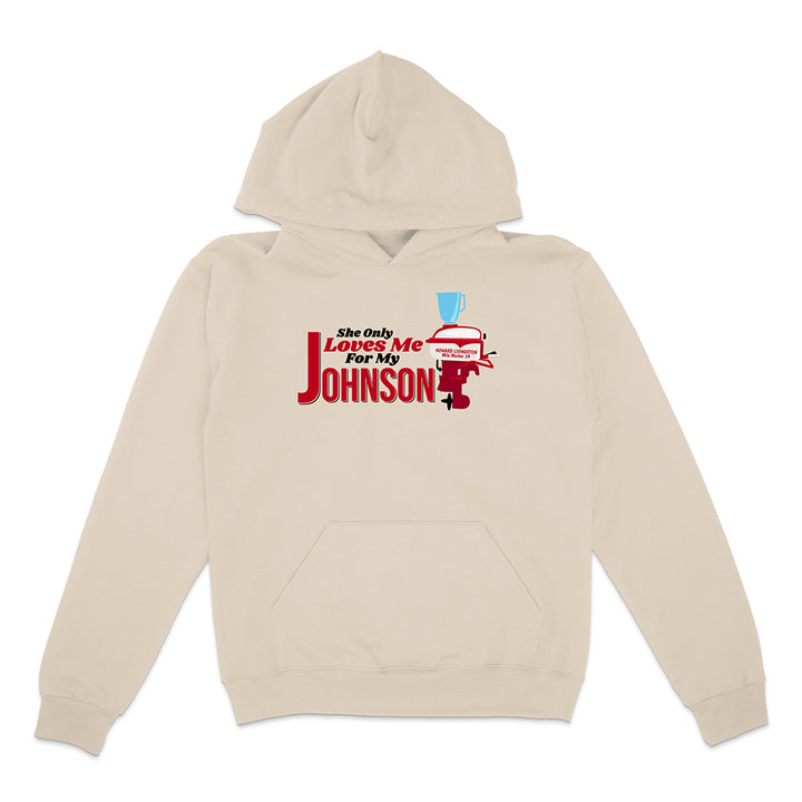 Beige hoodie with graphic design and text on a white background
