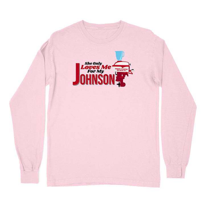 Pink long-sleeve shirt with graphic design and text on a white background