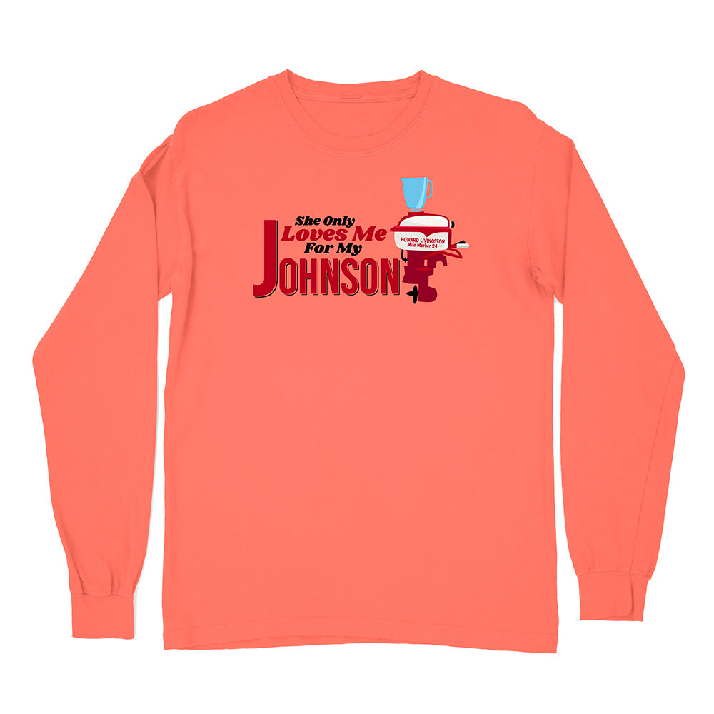 Coral long-sleeve shirt with graphic design and text on a white background