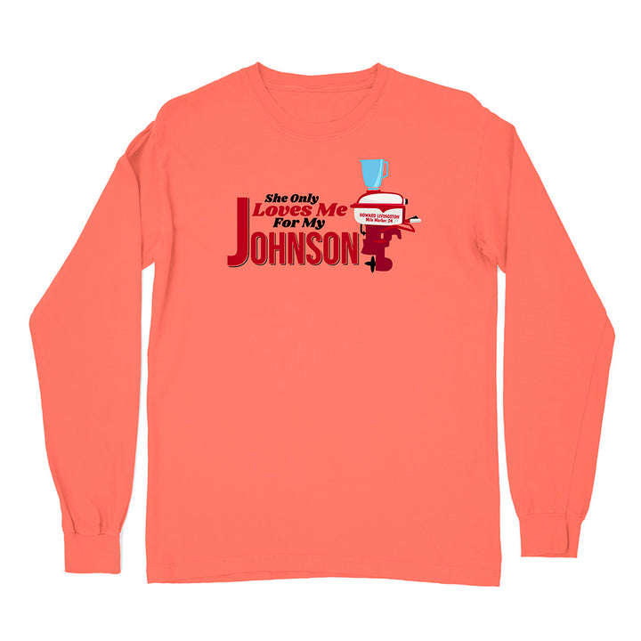 Coral long-sleeve shirt with graphic design and text on a white background