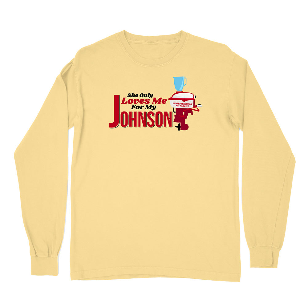 Yellow long-sleeve shirt with a graphic design on a white background