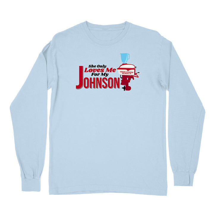 Light blue long-sleeve shirt with a graphic and text on a white background