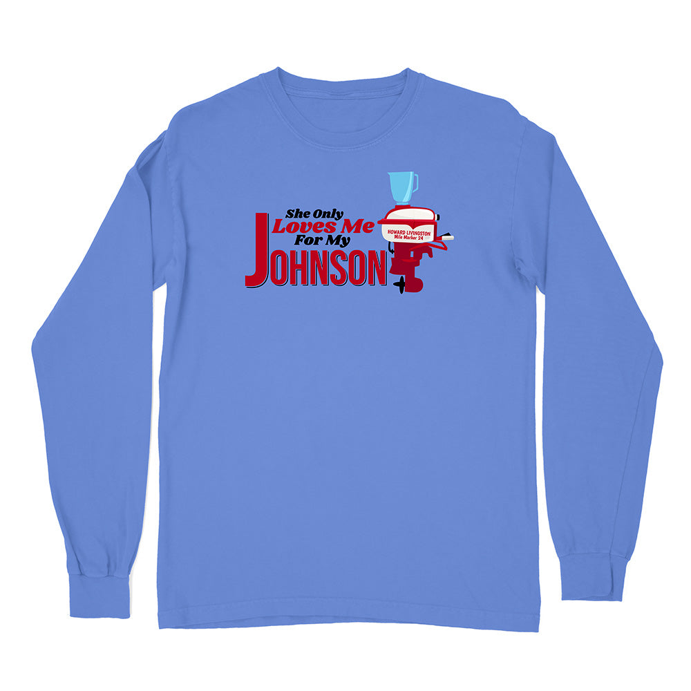 Blue long-sleeve shirt with a graphic design and text on a white background