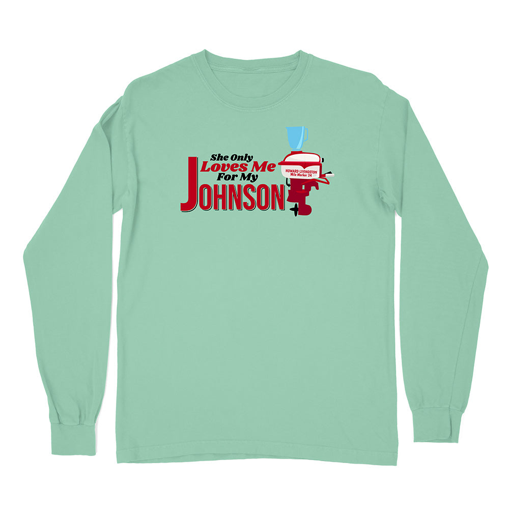 Light green long-sleeve shirt with a graphic and text on a white background