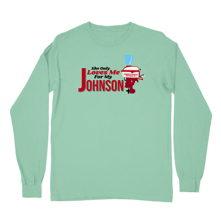 Light green long-sleeve shirt with a graphic and text on a white background