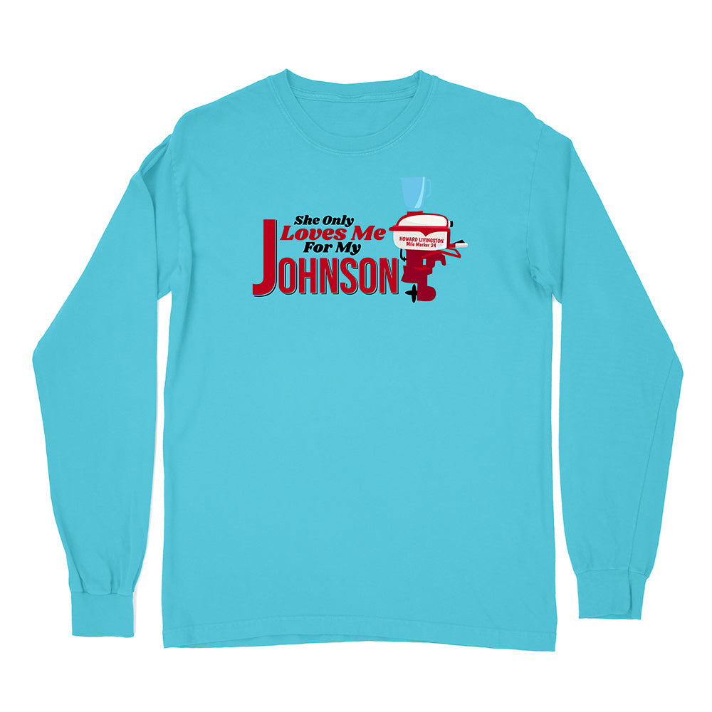 Blue long-sleeve shirt with red and white graphic and text on a white background