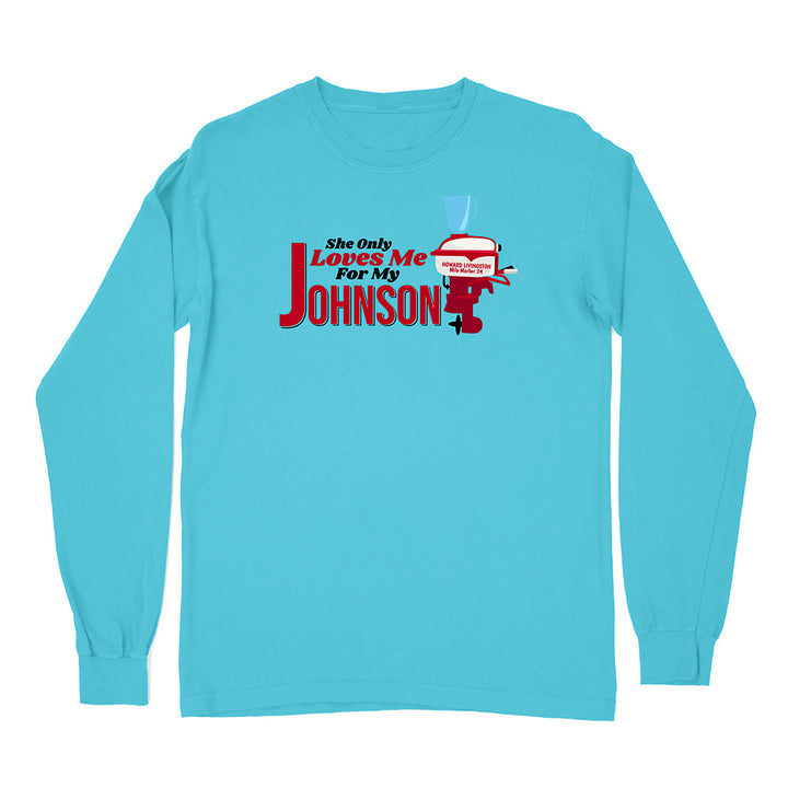 Blue long-sleeve shirt with red and white graphic and text on a white background