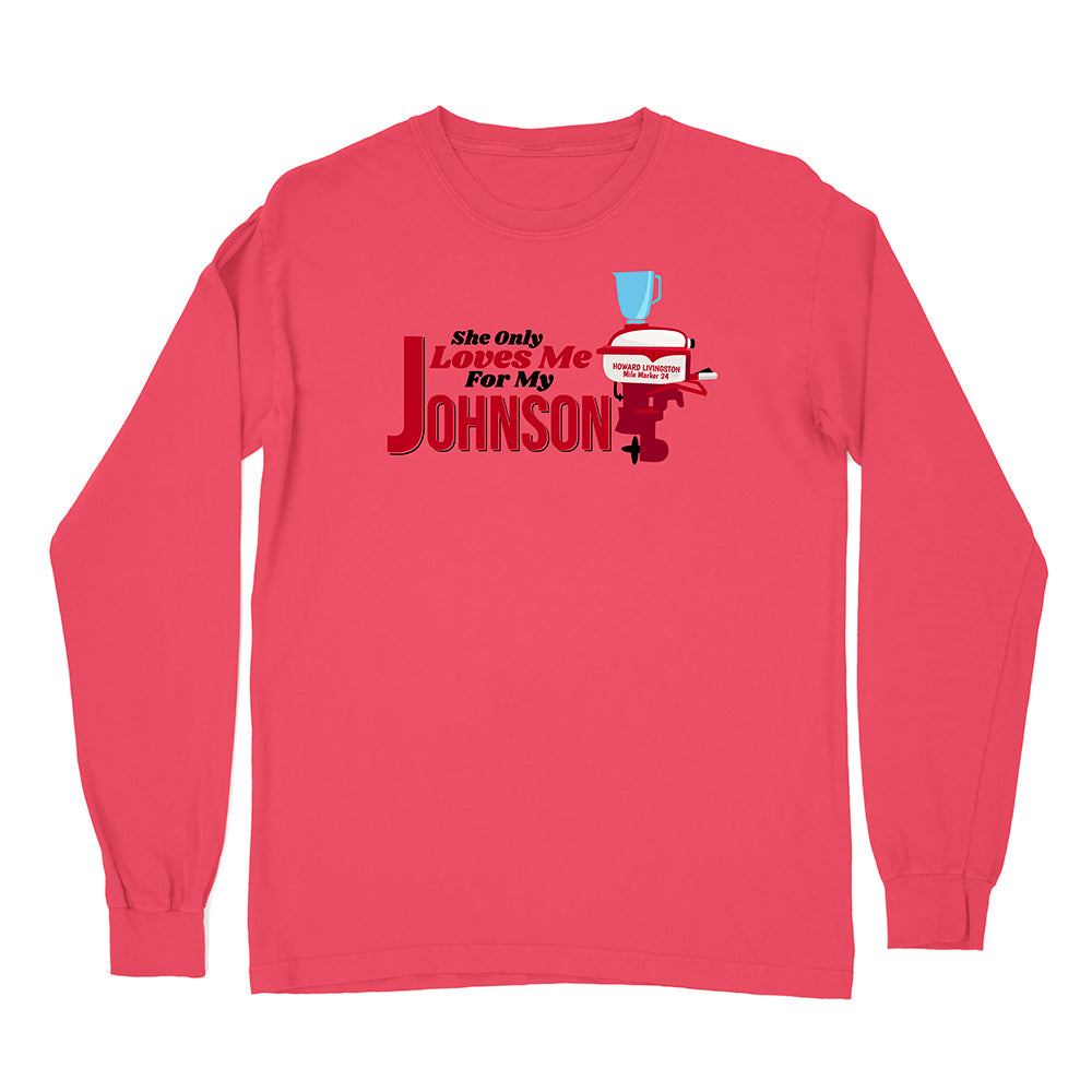 Red long-sleeve shirt with graphic design and text on a white background