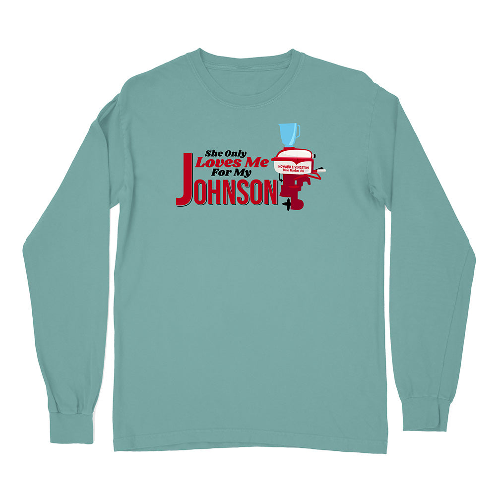 Teal long-sleeve shirt with a graphic and text on a white background