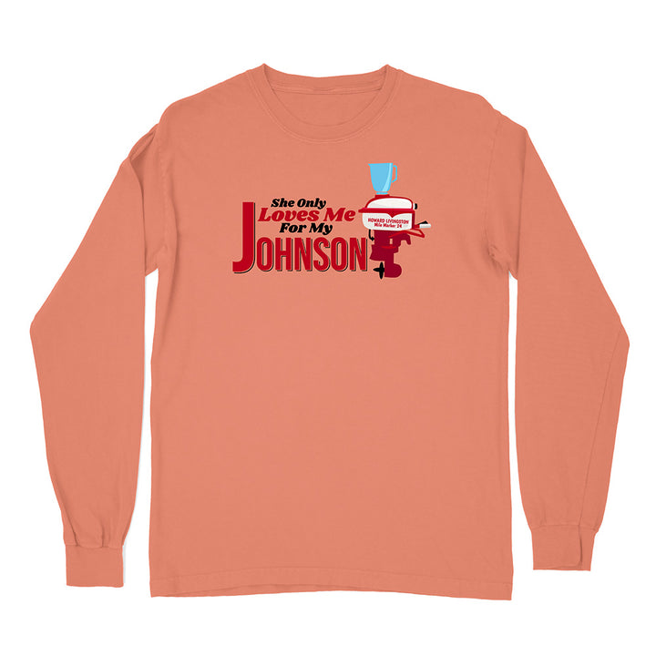 Peach long-sleeve shirt with a graphic design on a white background