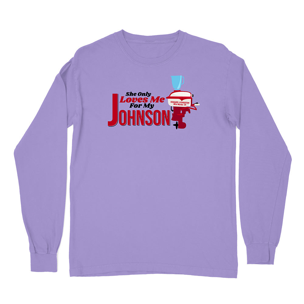 Purple long-sleeve shirt with graphic design and text on a white background