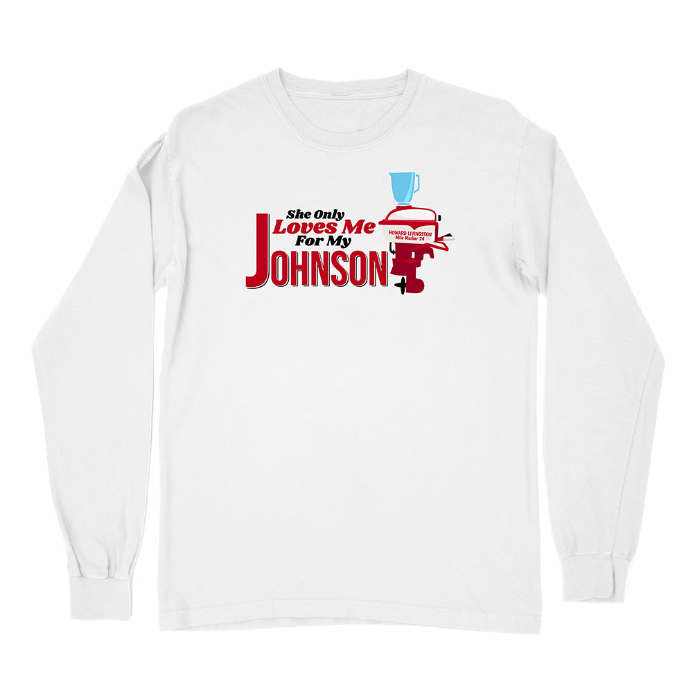 White long-sleeve shirt with a graphic design and text on a white background