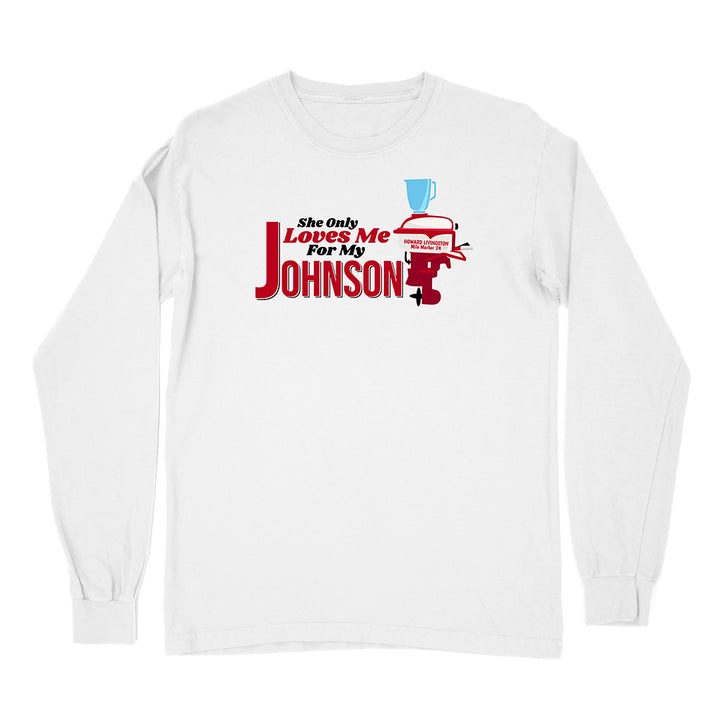 White long-sleeve shirt with a graphic design and text on a white background