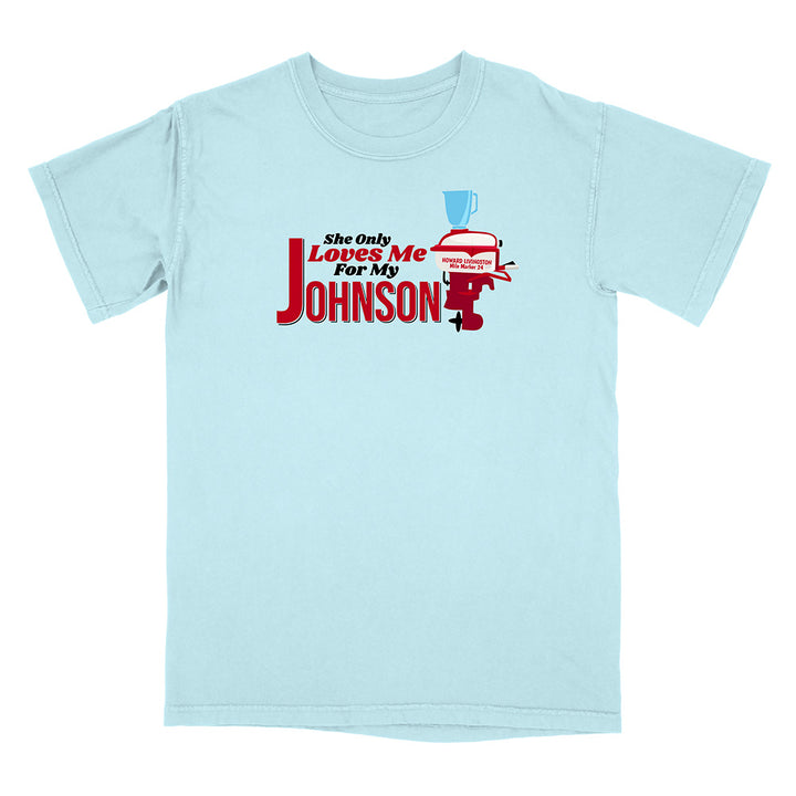 Light blue t-shirt with a graphic and text on a white background