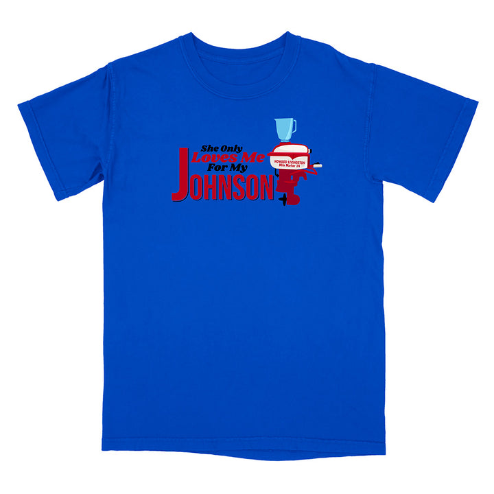 Blue t-shirt with red and white graphic and text on a white background
