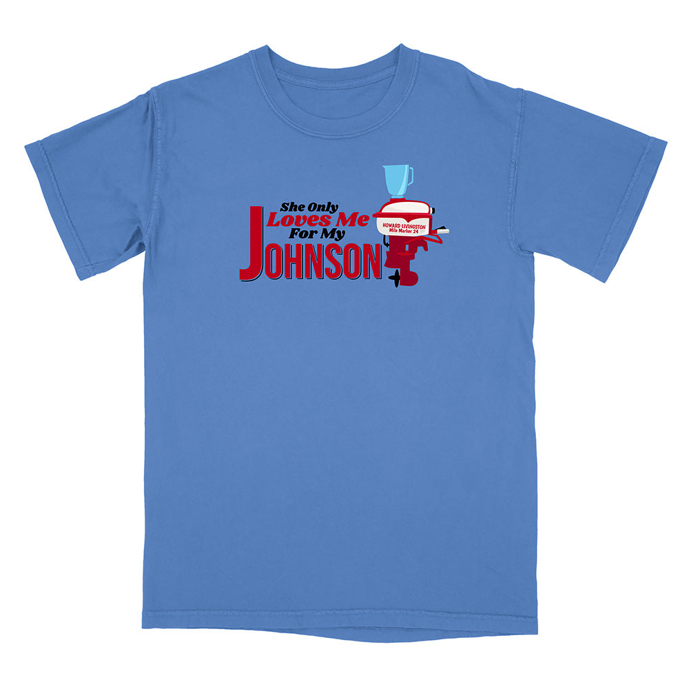 Blue t-shirt with graphic design and text on a white background