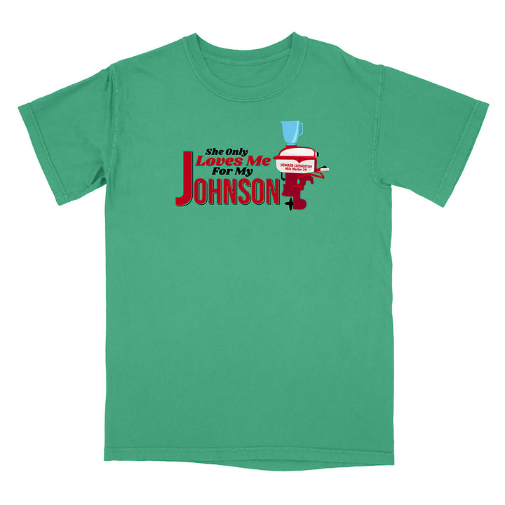 Green t-shirt with a graphic design on a white background