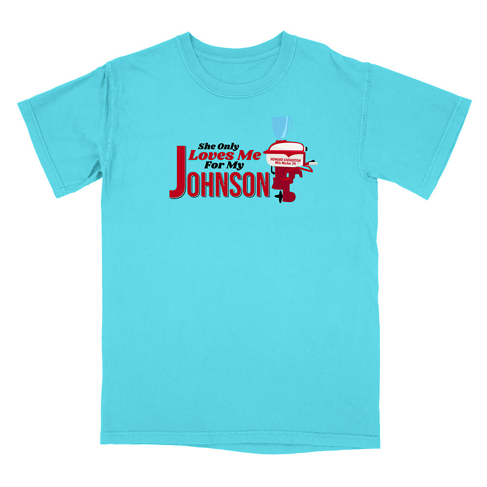 Light blue t-shirt with red and black graphic and text on a white background