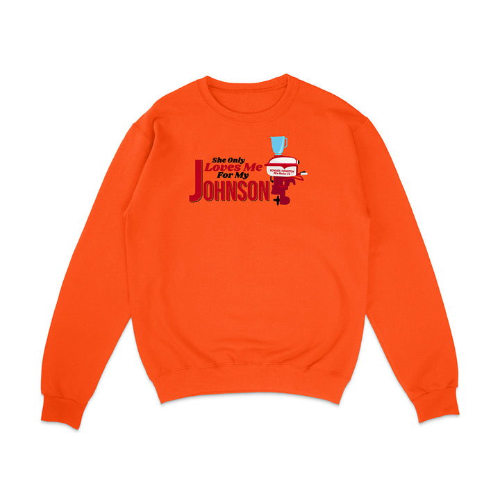 Orange sweatshirt with graphic design and text on a white background