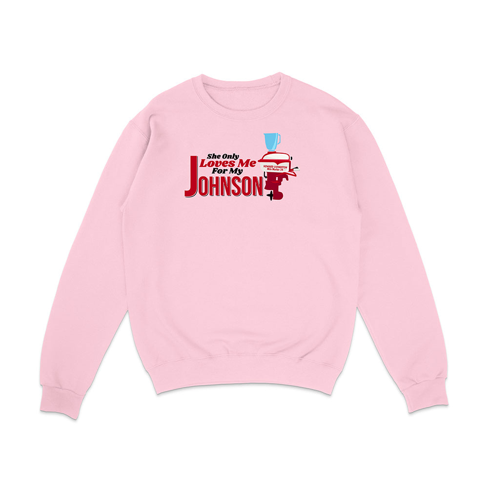 Pink sweatshirt with graphic design and text on a white background