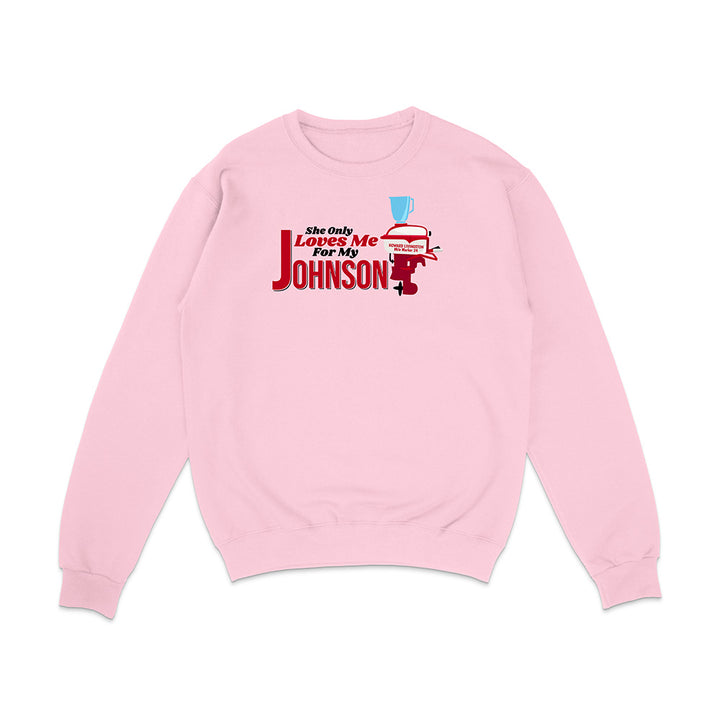 Pink sweatshirt with graphic design and text on a white background