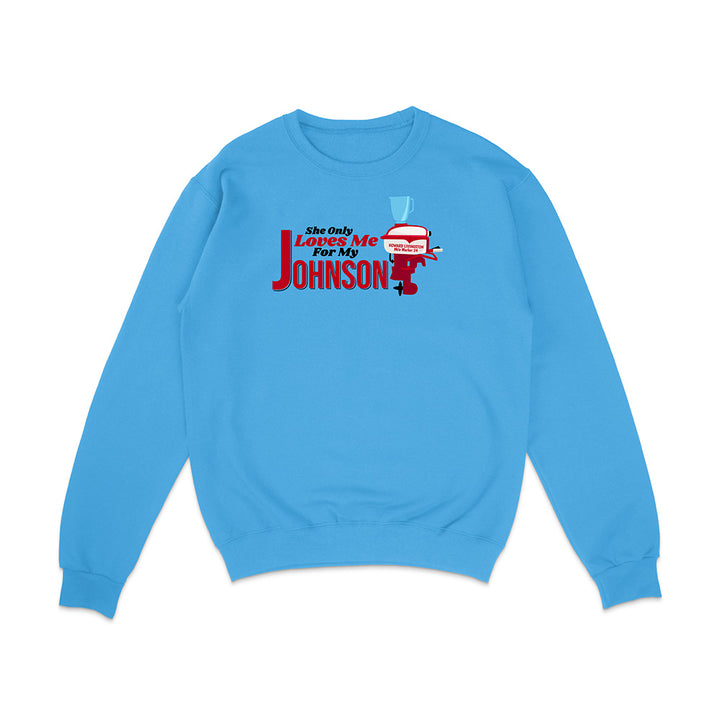 Blue sweatshirt with a graphic and text on a white background