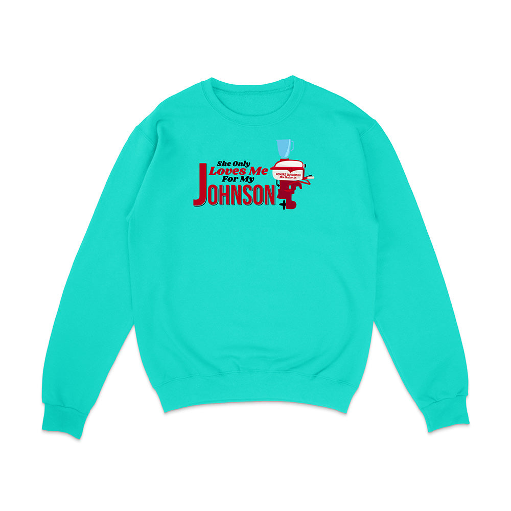 Turquoise sweatshirt with graphic design and text on a white background