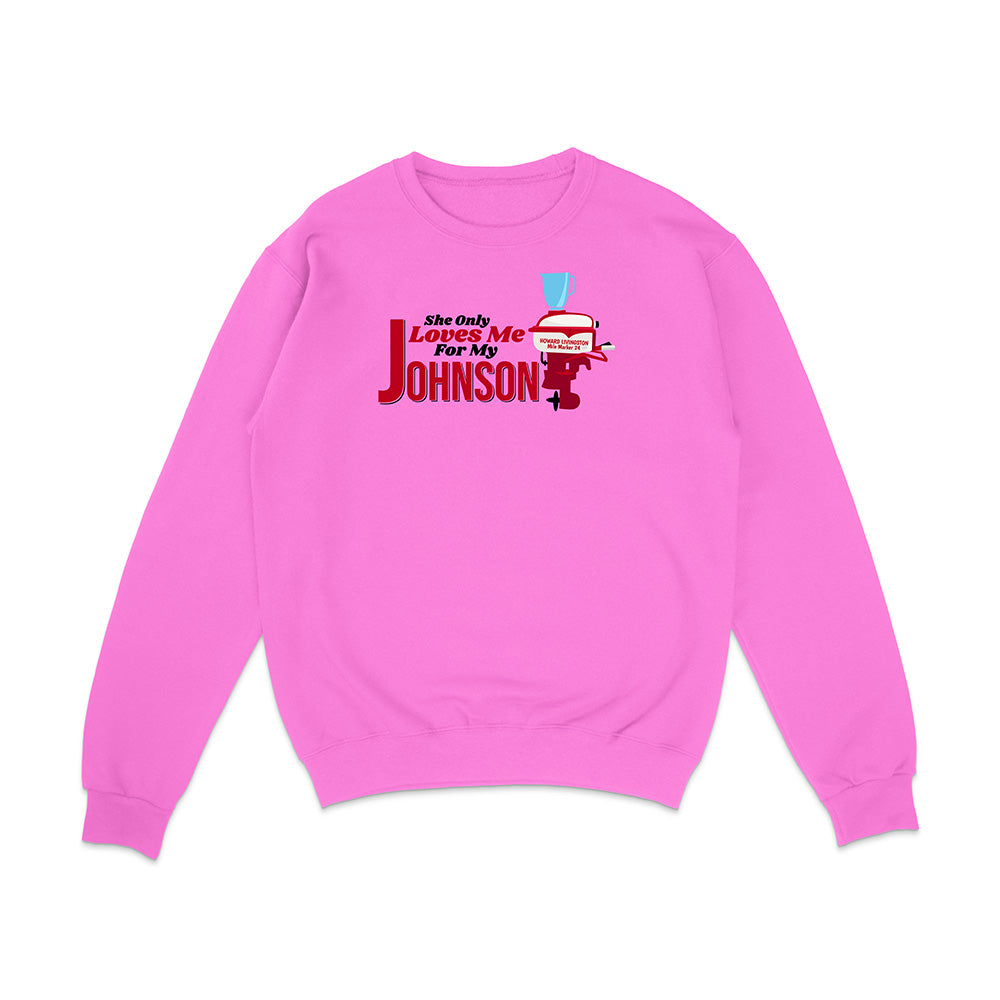 Pink sweatshirt with text and graphic on a white background