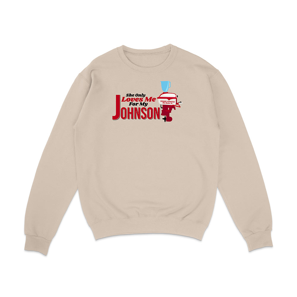 Beige sweatshirt with graphic design and text on a white background