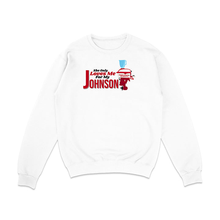 White sweatshirt with a graphic design and text on a white background