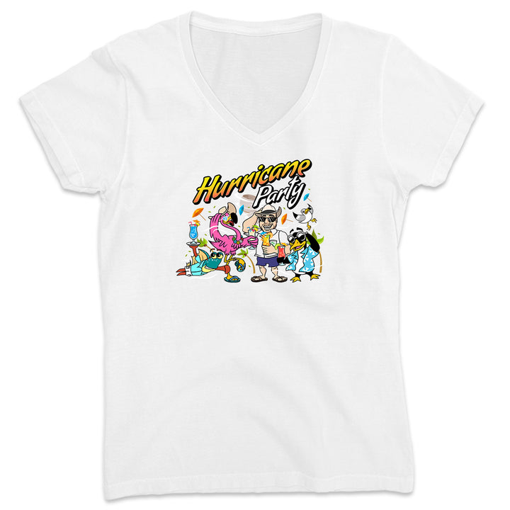 Women's Felicia The Flamingo's Hurricane Party V-Neck T-Shirt Ocean White