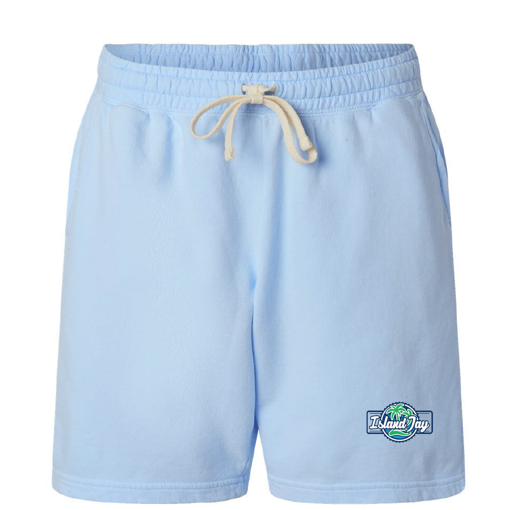 Light blue shorts with a logo on a white background