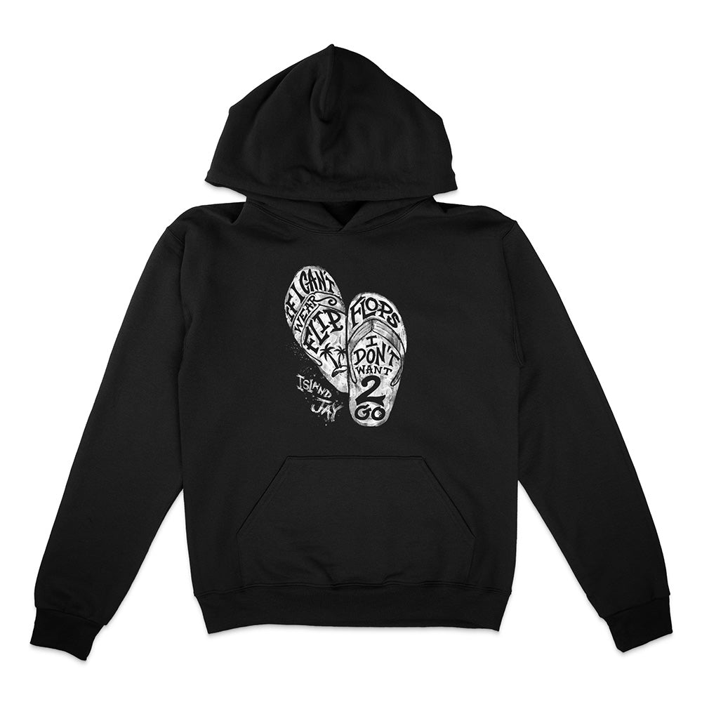 Black hoodie with white graphic design on a white background
