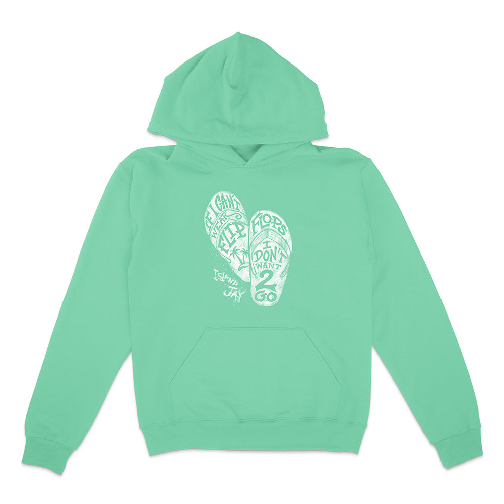 Mint green hoodie with white graphic design on a white background