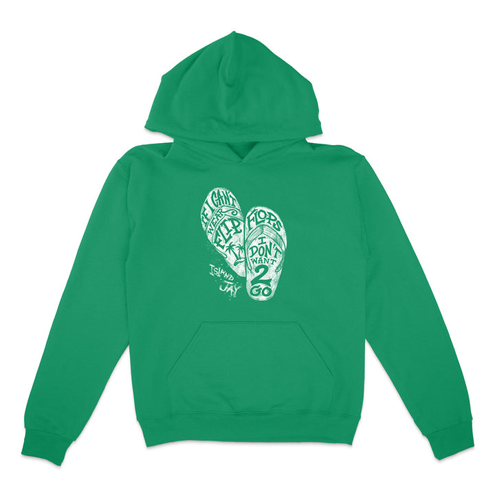 Green hoodie with white graphic design on a white background