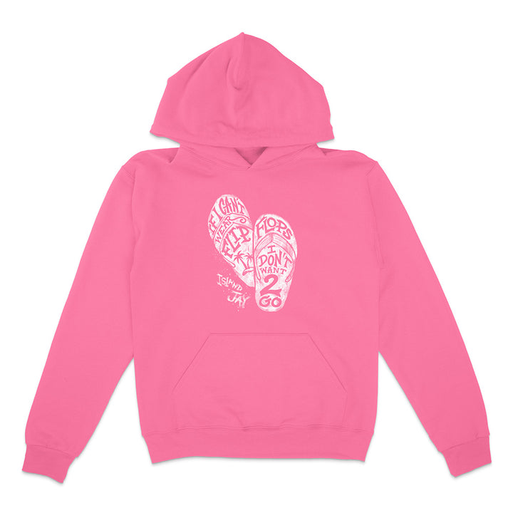 Pink hoodie with white graphic design on a white background