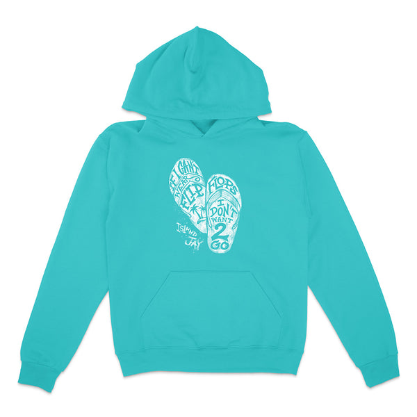 Turquoise hoodie with white graphic design on a white background